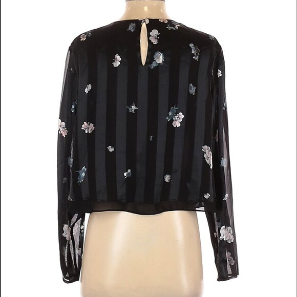 Club Monaco Floral Silk Blouse with Striped Sheer Panels in Black / Blush sz M - Picture 2 of 5